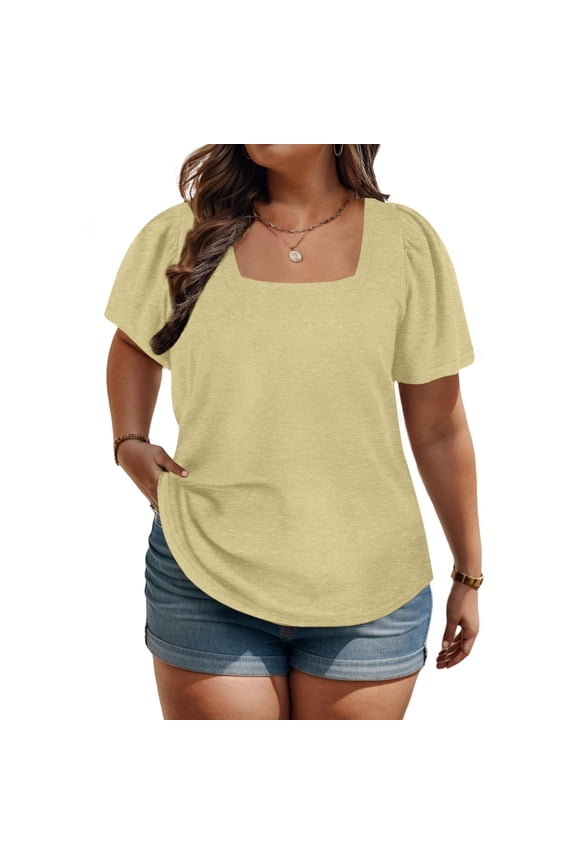 XL-5X Plus Size T Shirts for Women Short Puffed Sleeve Tees Tops Womens Casual Solid Color Pullover Square-Neck Basic Going-Out Blouses Top