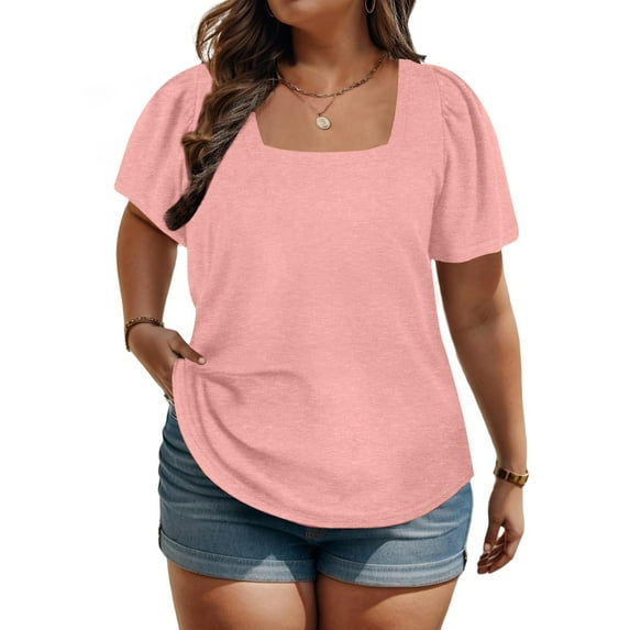 ylioge XL-5X Plus Size T Shirts for Women Short Puffed Sleeve Tees Tops Womens Casual Solid Color Pullover Square-Neck Basic Going-Out Blouses Top