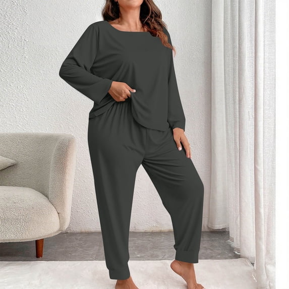 ylioge XL-5X Plus Size Womens Pajamas Sets 2 Piece Sleepwear Outfits Casual Solid Color Long Sleeve Tops Tapered Leg Pants Soft Homewear Pajamas Set