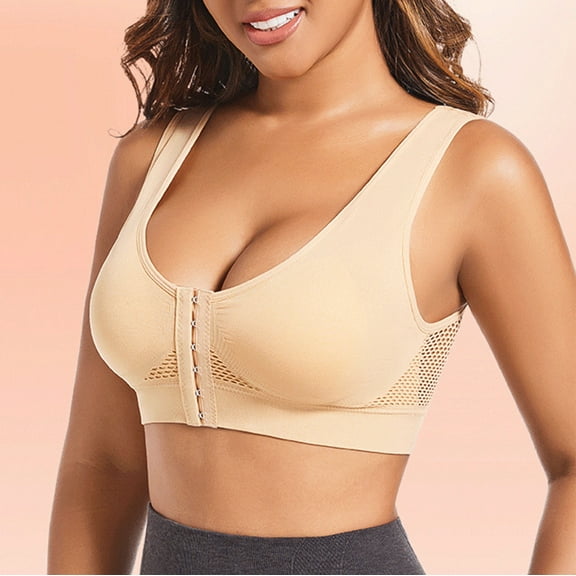ylioge XS-5X Plus Size Sports Bras for Women Front Closure Push Up Bralettes Lightweight Solid Wireless Padded Big-Cup Yoga Underwear Bra