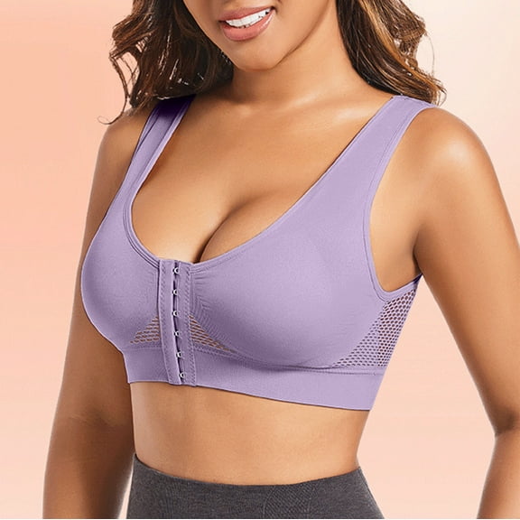 ylioge XS-5X Plus Size Sports Bras for Women Front Closure Push Up Bralettes Lightweight Solid Wireless Padded Big-Cup Yoga Underwear Bra