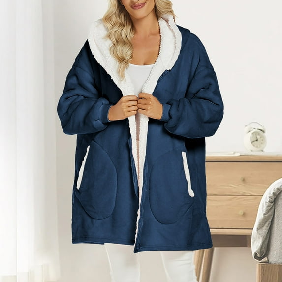ylioge Zip Up Robes for Women Fleece Lined Long Sleeve Jackets with Pockets and Hoodie Casual Solid Color Thermal Warm Loungewear Bath Robe