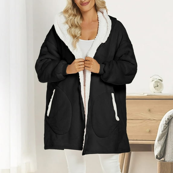 ylioge Zip Up Robes for Women Fleece Lined Long Sleeve Jackets with Pockets and Hoodie Casual Solid Color Thermal Warm Loungewear Bath Robe