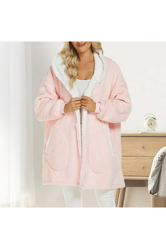 Zip Up Robes for Women Fleece Lined Long Sleeve Jackets with Pockets and Hoodie Casual Solid Color Thermal Warm Loungewear Bath Robe