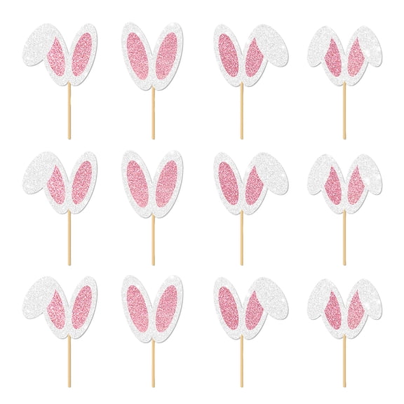 yocbz 12 Pack Easter Bunny Ear Cupcake Toppers Glitter Pink Rabbit Ears Cupcake Picks Easter Bunny Cupcake Decors Rabbit Cake Toppers for Kids Girls Birthday Baby Shower Party Supplies