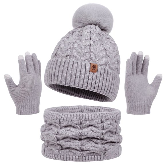 yocbz 3 Pieces Winter Hats for Women Scarf Touch Screen Gloves Set Thick Warm Fleece Lined Beanie Hat Gifts (Grey)