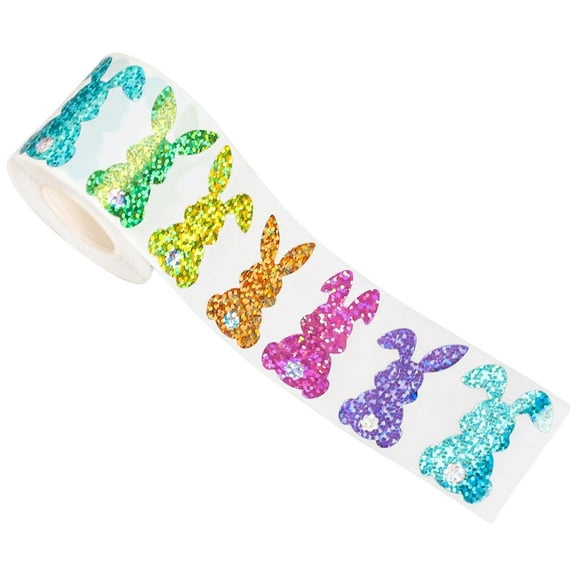 yocbz 500Pcs Bling Sparkly Easter Bunny Stickers, 1.5" x 0.8" 1 Roll of 6 Colors| Easter Basket Essentials Stuff, Self-Adhesive Rabbit Stickers for Seal Envelope Cards Decor Holiday Party Supplies