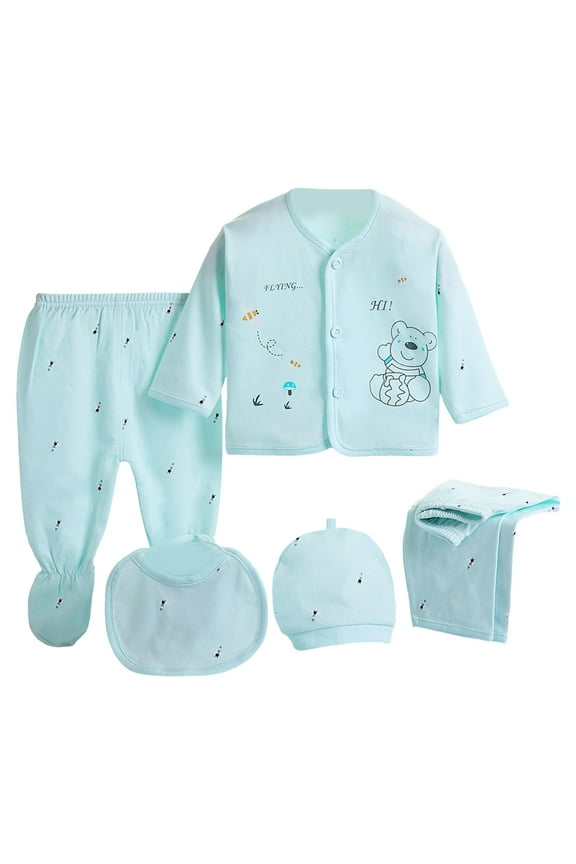 Baby Must Haves For Shose+Romper Baby Set 5pcs Boy Tops+Hat+Pants +Bib+Sock Girl Outfits Girls Outfits Set Baby Clothes Girl New Born Blue,0-3 Months