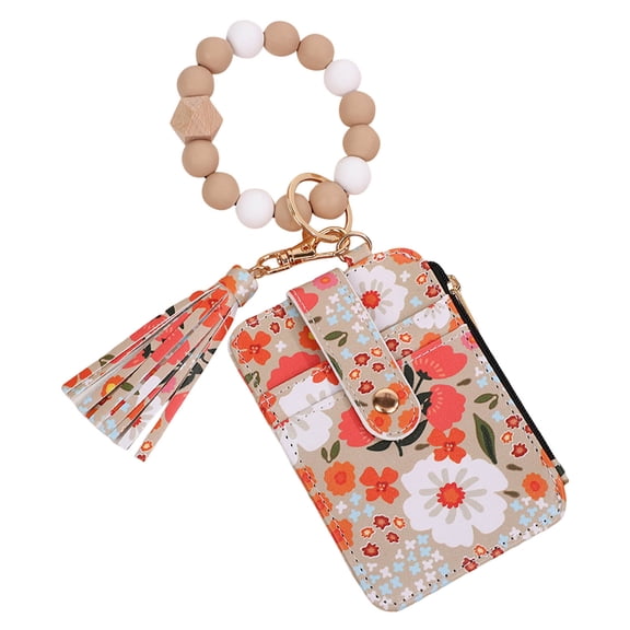 yocbz Boho Beaded Wallet Keychain Wristlet Wallet for Women Credit Card Holder Small Purse Tassel Silicone Keychain Gifts Khaki