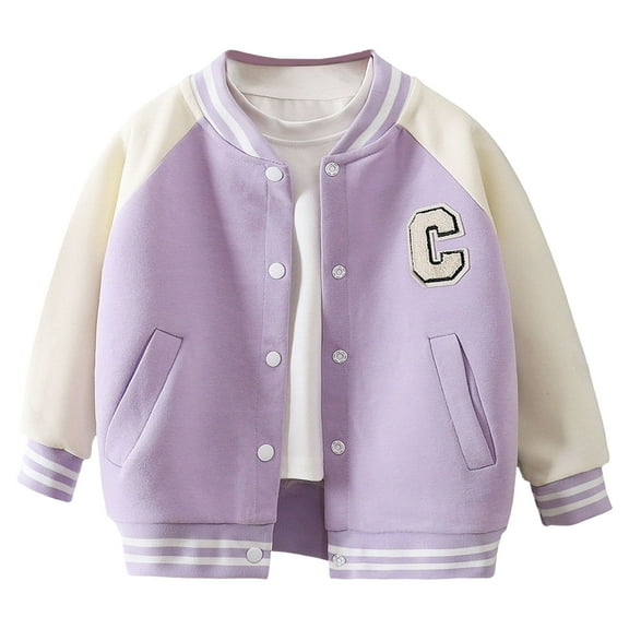 yocbz Bomber Jacket Toddler Toddler Girl Baseball Jackets Color Block Graphic Long Sleeve Baseball Jacket Casual Bomber Button Coat Outerwear Light Purple,Size for 18-24 Months