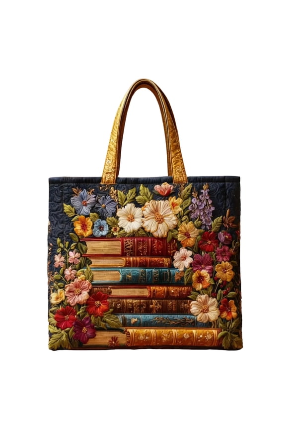 Book Quilted Tote Bag for Women Vintage Floral Quilted Print Travel Bag Purse Animal Shoulder Totes for Shopping Grocery(D, 31x38 cm/12.2x15 in)