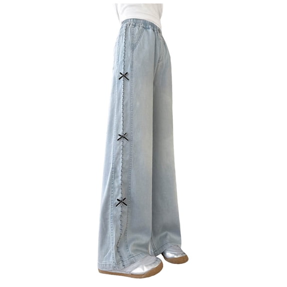 yocbz Bow Jeans for Girls Cute Baggy Jeans Wide Leg Denim Pants High Waisted Trousers Kids Y2k Streetwear with Pockets Blue,15-16 Years