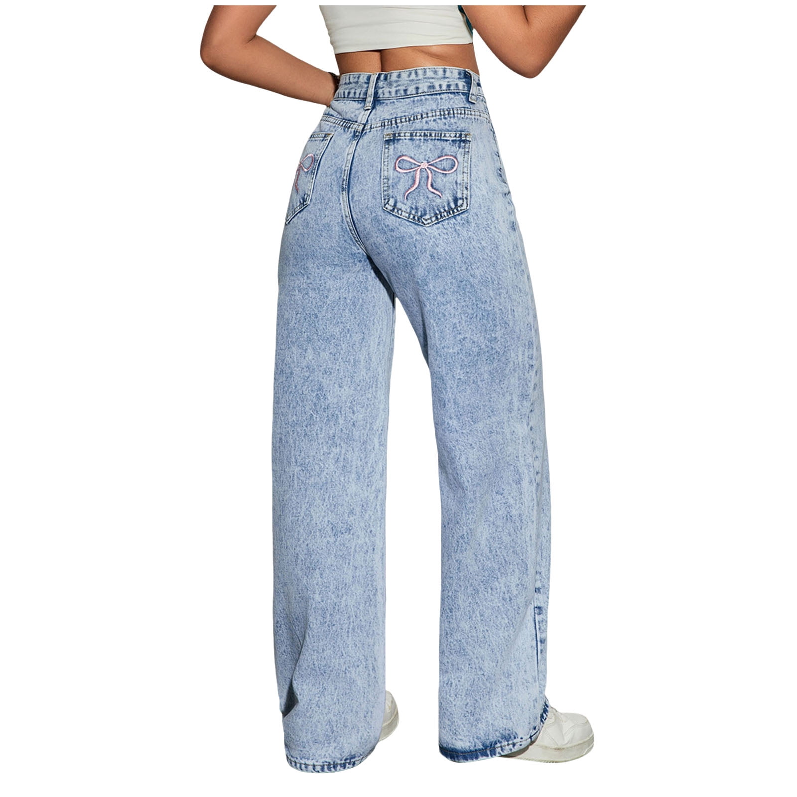 yocbz Bow Jeans for Girls Wide Leg Kids Baggy Flare Denim Pants