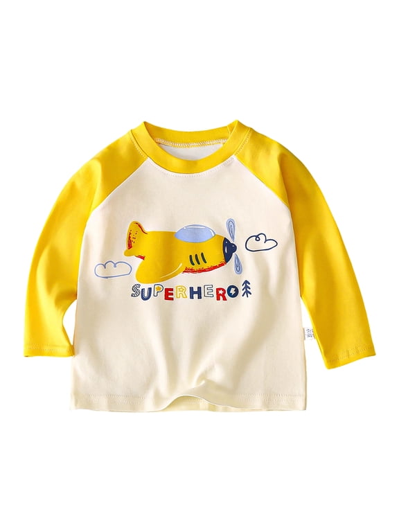 Boy Long Sleeve Shirt Cotton Kids Boys Long Sleeve Shirt Crewneck T-Shirts Tops Tee Yellow,Size for 12-18 Months