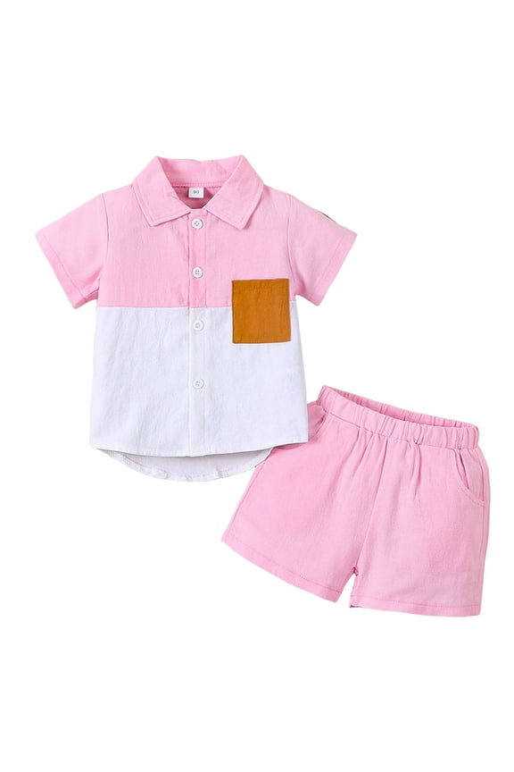 Boy Summer Outfits Boy's 2 Piece Beach Outfit Short Sleeve Textured Button Down Shirt and Short Sets Summer Vacation Wear Size for 18-24 Months,Pink