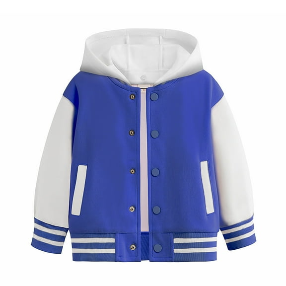 yocbz Boy's Letter Graphic Varsity Jacket Long Sleeve Button Down Hooded Baseball Jacket Coat Streetwear Blue,7-8 Years