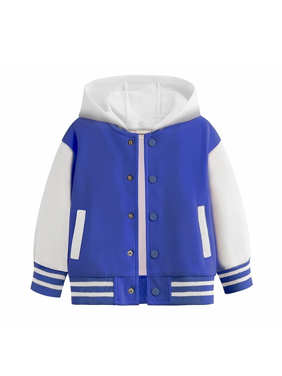 Boy's Letter Graphic Varsity Jacket Long Sleeve Button Down Hooded Baseball Jacket Coat Streetwear Blue,7-8 Years