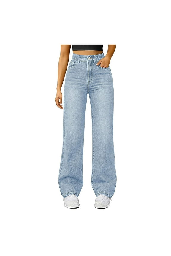 Boyfriend Jeans for Women Womens Mid Waisted Rhinestone Jeans Straight Wide Leg Vintage Wash Denim Pants Trouser Light Blue,Size for S