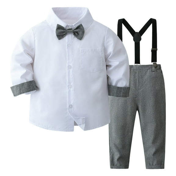 yocbz Boys Christmas Outfit Toddler Boy Clothes Suit Formal Dress Shirt Bowtie Vest Boutonniere Suspender 2PCS Grey,Size for 9-12 Months