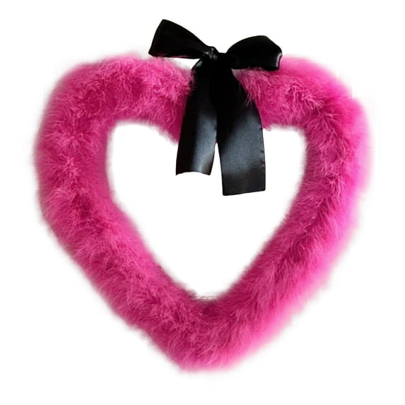 yocbz Bright Hot Pink Feather Heart Wreath - Handmade Valentine's Day Wreath - Lightweight Fuzzy Indoor Home Wall Decoration and Front Door Decor