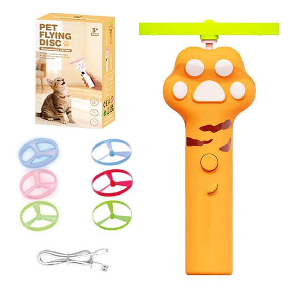 yocbz Cat Chase Fetch Toy - Rechargeable Disc Launcher with 6 Flying Spinners - Interactive Pet Hunting Toys for Indoor Outdoor Yard Cats Dog (Orange)