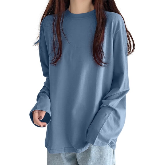 yocbz Cotton Tops for Women Women Tunic Tops Casual Long Sleeve Shirts Crew Neck Fall Tops Basic Tees Floral Dressy Blouses Blue,Size for L