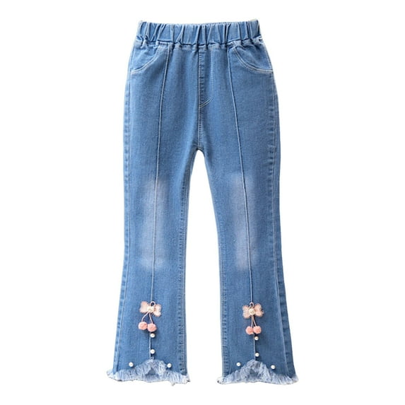 yocbz Cute Pants For Girls Girls' Spring/Fall Waist Ripped Jeans with Cartoon Graphics & Pockets Kids Fashion Clothes Beige,18-24 Months