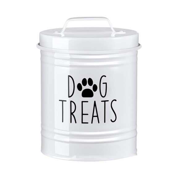 yocbz Dog Treat Container Airtight, Dog Treat Jar with Lid - 6x5'' Metal Dog Cookie Jar for Farmhouse Kitchen Counter, White Pet Treat Container, Dog Treat Storage Container for Dogs, Cats (White)