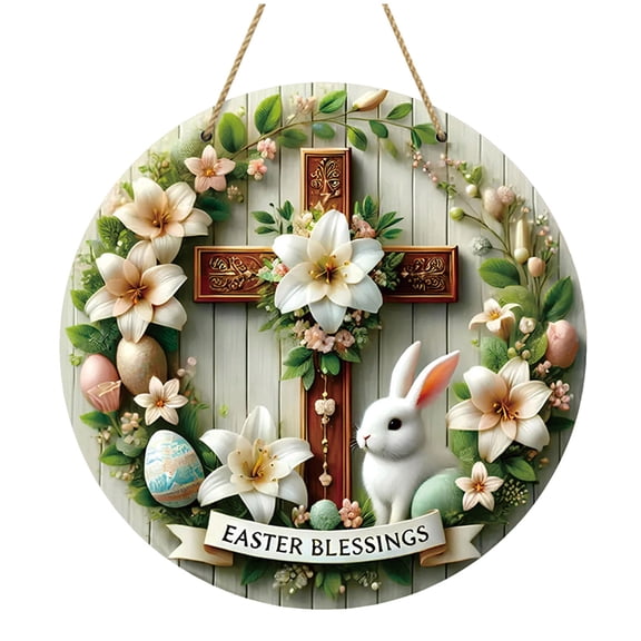 yocbz Easter Wreaths,Easter Wreath for Front Door, Wooden Easter Bunny Chick Decor Door Sign Wreath 8 Inch, Easter Welcome Door Sign Easter Decorations, Easter Flower Rabbit Welcome Door Sign, Small