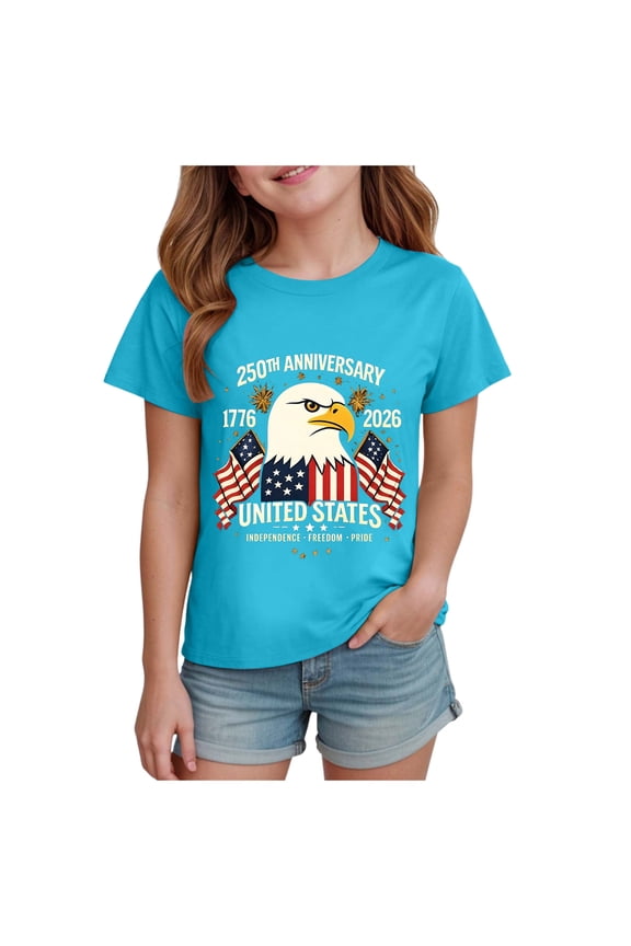 Girl'S Tees Toddler Shirts Girls Kids Boys American Flag Shirts 4th of July T-Shirt Toddler Girls Cotton Patriotic Tops Tee Independence Day Clothes Sky Blue,13-14 Years