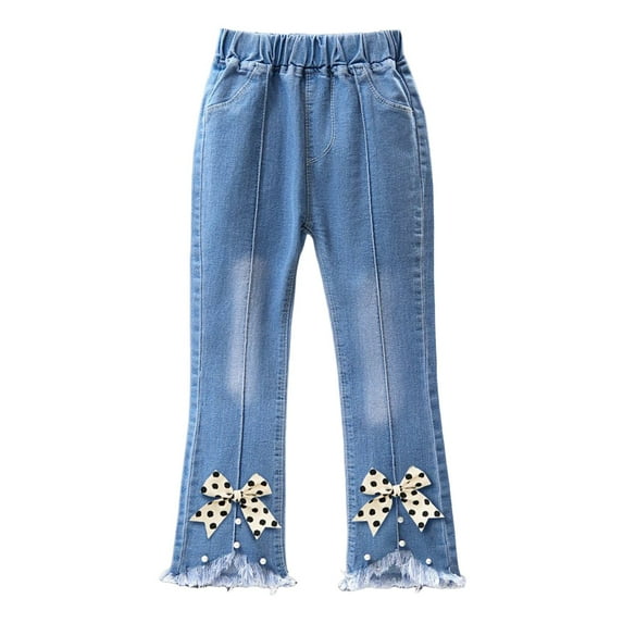 yocbz Girls Flare Jeans Girls Wide Leg Jeans Striped/Bow Baggy Denim Pants Teen Waist Mid Rise Tween Y2K Streetwear Black,7-8 Years