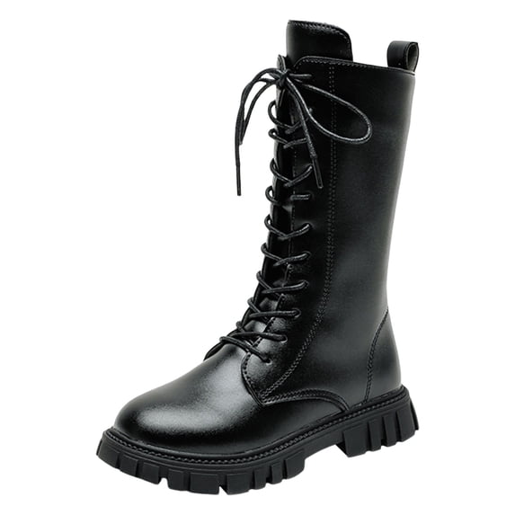yocbz Girls Mid Calf Riding Boots PU Leather Solid Zipper Boot Lug Sole Knee High Riding Shoes for Youth Big Kids Black,US 11.5