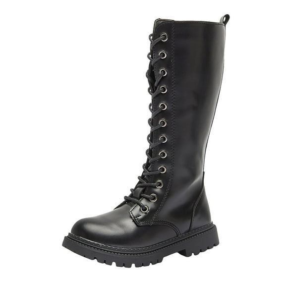 yocbz Girls Leather Riding Knee High Boots with Side Zipper Fashion Round Toe Comfortable Low Heel Lace Up Combat Boots Black,US 12