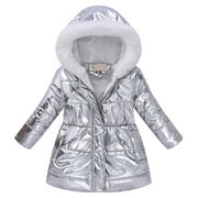 YOCBZ Girls' Outerwear Jackets & Coats Kids Boy's Winter Coat Fleece Lined Waterproof Jacket Puffy Cotton Coat Thick Hooded Outdoor Coats Silver,Size for 5-6 Years