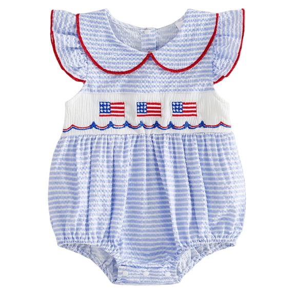 yocbz Girls Patriotic Jumpsuit Girls 4th of July Short Sleeve Romper, USA Flag Stars Stripes Patriotic One-Piece, Soft Cotton Toddler Kids Jumpsuit for Parade, BBQ & Family Picnic Blue,6-12 Months