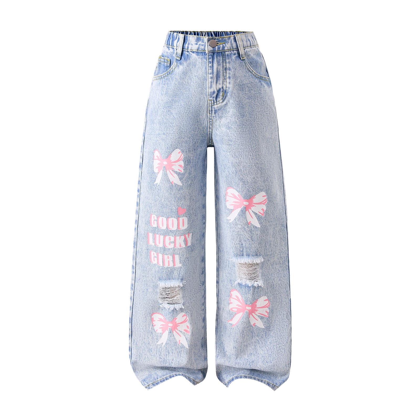 Kids Girls Casual Baggy Wide Leg Denim Pants Zip Up Denim