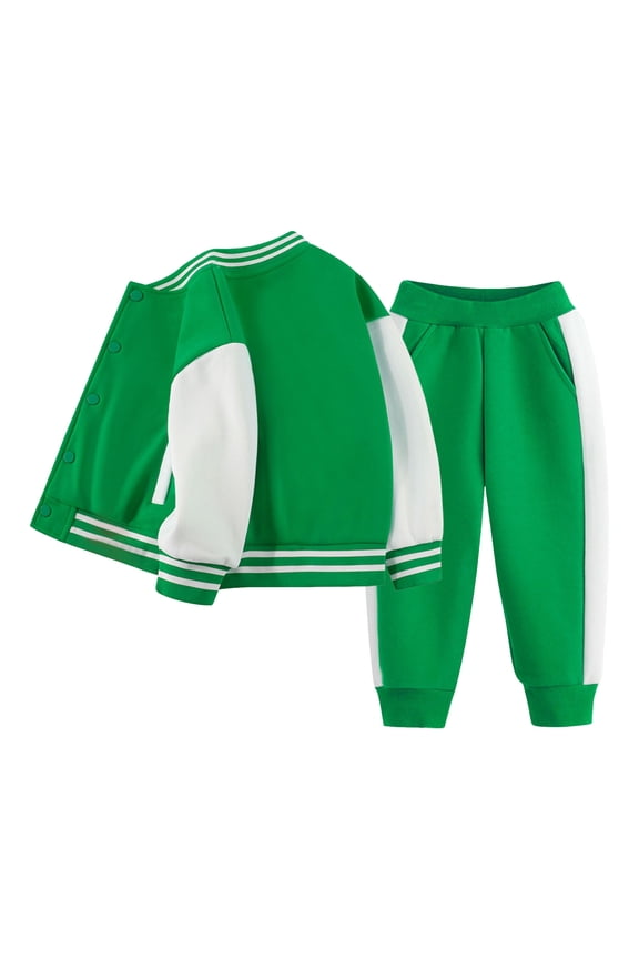 Kids Baseball Jackets Boys Girls Fit Varsity Jacket Hooded Pullover Colorblock Sweatshirt + Pants 2Pcs Outfits Set Green,2-3 Years