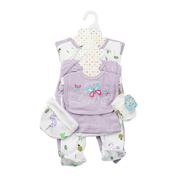 yocbz Baby Layette Sets Unisex 8PCS 2 jumpsuit+long sleeve Tops+short sleeve Tops+Pants+Bib+Hat+Sock Shoes Light Purple,3-6 Months
