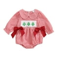 thumbnail image 1 of yocbz Long Sleeve Chiristmas Romper With Headband Newborn Infant Baby Girl Christmas Outfit Santa/Christmas Tree Embroidery Plaid Smocked Bubble Romper Ruffle Bodysuit Red,Size for 0-3 Months, 1 of 4