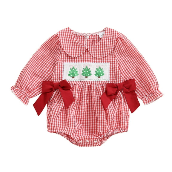 yocbz Long Sleeve Chiristmas Romper With Headband Newborn Infant Baby Girl Christmas Outfit Santa/Christmas Tree Embroidery Plaid Smocked Bubble Romper Ruffle Bodysuit Red,Size for 0-3 Months