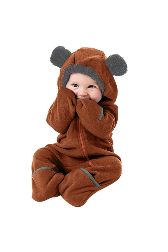 Newborn Baby Snowsuit Fleece Lined Outfits Warm Hooded Romper for Infant Long Sleeve Outwear Outfits Brown,12-18 Months
