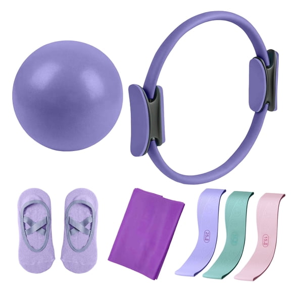 yocbz Pilates Ring Set, 15" Magic Circle, Long & Loop Resistance Bands, Soft Pilates Ball, Grip Socks, Home Workout Equipment for Women & Beginners to Tone, Flexibility & Core Strength, Purple