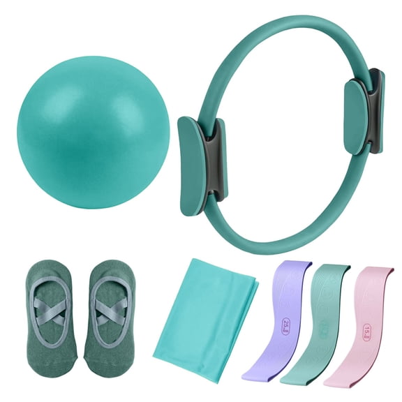 yocbz Pilates Ring Set, 15" Magic Circle, Long & Loop Resistance Bands, Soft Pilates Ball, Grip Socks, Home Workout Equipment for Women & Beginners to Tone, Flexibility & Core Strength, Green