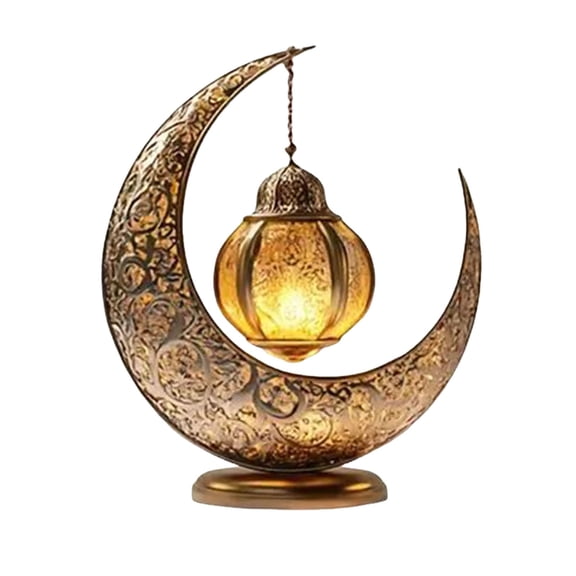 yocbz Ramadan Eid Mubarak Ornaments, 2D Crescent and Lantern Acrylic Tabletop Ornament, Moon Star Light Tabletop Ornament for Ramadan Mubarak Eid Decorations, B