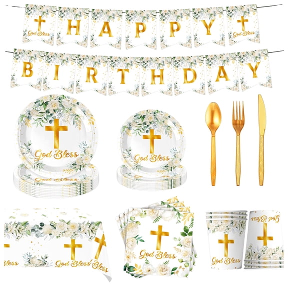 yocbz Religious Birthday Party Supplies Set, Baptism Decorations with Plates, Napkins, Tablecloth, Invitation Card, First Communion and Christening Baby Shower Party God Bless Decor