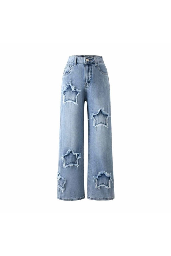 Ripped Girls Jeans Trendy Baggy Waisted Pull On Pants Cute Teen Girls Jeans Plus Size Light Blue,11-12 Years