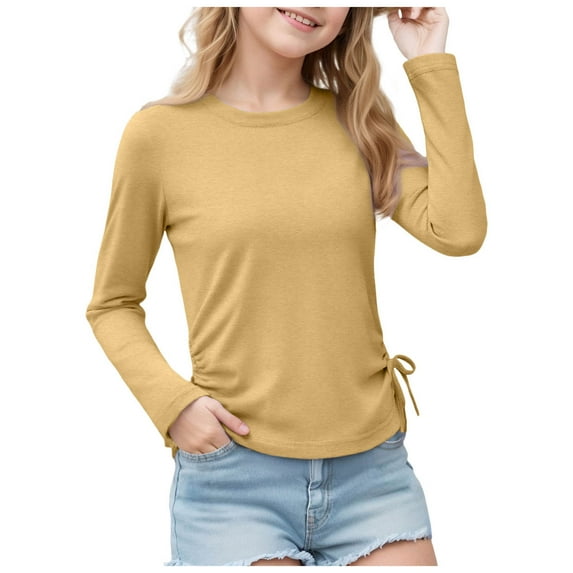 yocbz Shirts Girls Teen Long Sleeve Shirts for Girls Crewneck Winter Tee for Girls Trendy Basic Top for Girls Cute Oversized Girls Blouses Khaki,Size for 13-14 Years