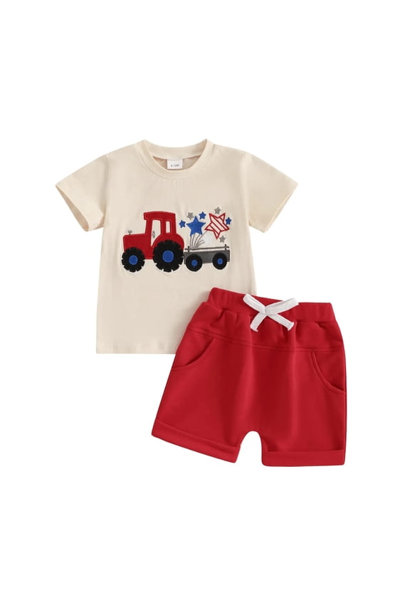 Toddler Baby Boy Summer Outfit Toddler Baby Boys Easter Outfit Tractor Tshirt Short Sleeve Tops Solid Shorts Summer Outfits Clothes Set Red,2-3 Years