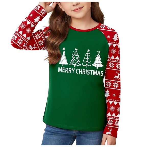 yocbz Toddler Christmas Shirts Girl Girls Shirts Long Sleeve Girls Long Sleeve Shirts Kids Curve Hem Side Slit Soft Tunic Tops T-Shirts Green,Size for 5-6 Years