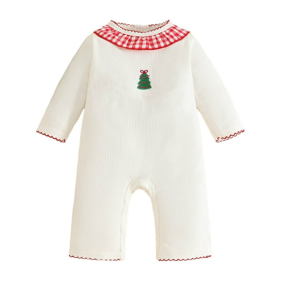 yocbz Toddler Girl Christmas Outfit Newborn Infant Baby Boy Christmas Romper Waffle Jumpsuit Christmas Tree Embroidery Striped Toddler White,Size for newborn